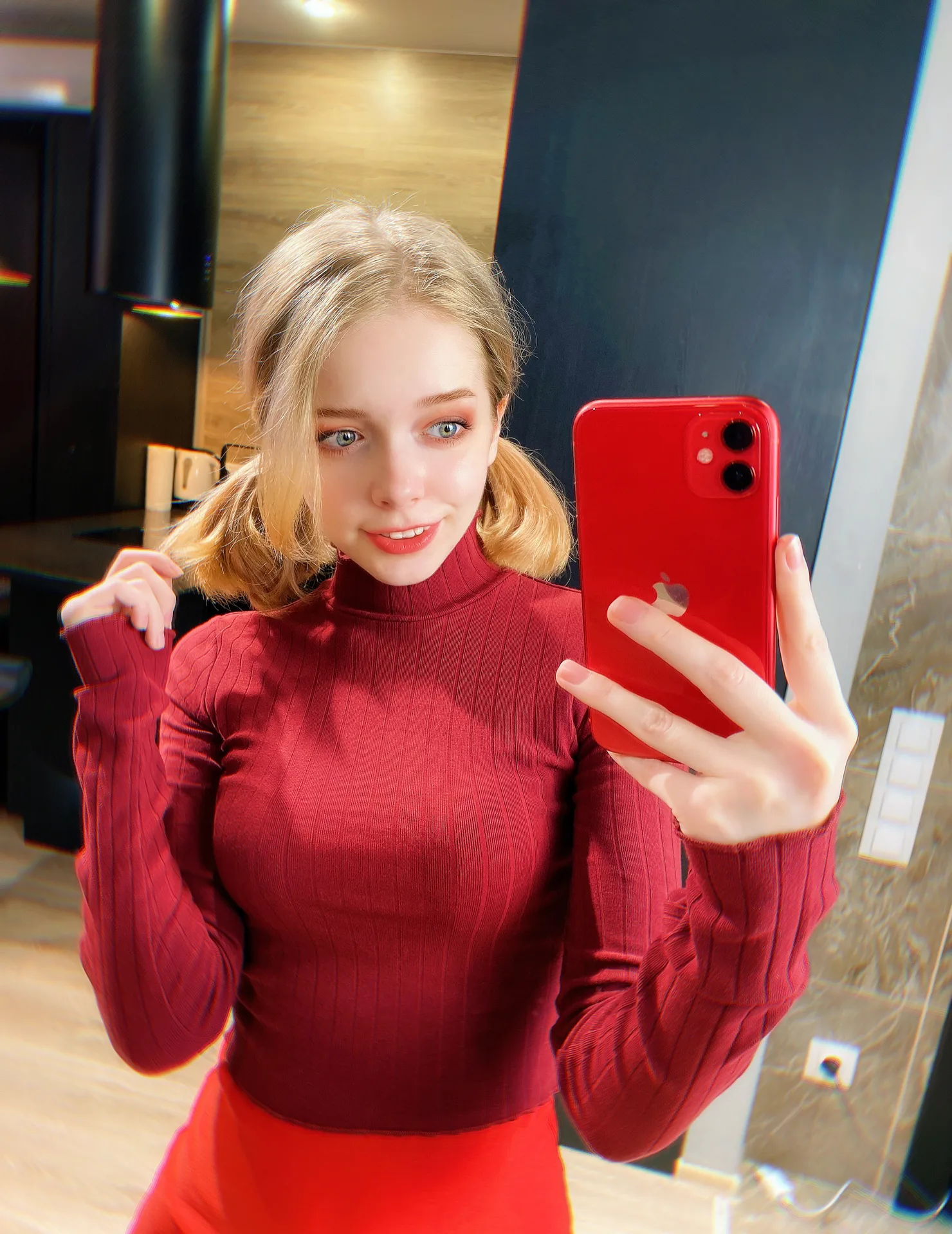 Red outfit with a phone